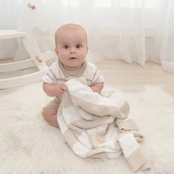 Wide Stripe Pram Blanket Taupe/White