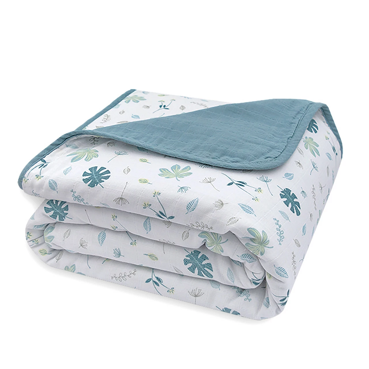 Organic Muslin Cot Blanket Banana Leaf/Teal 9 Organic Muslin Cot Blanket Banana Leaf/Teal - Image 7