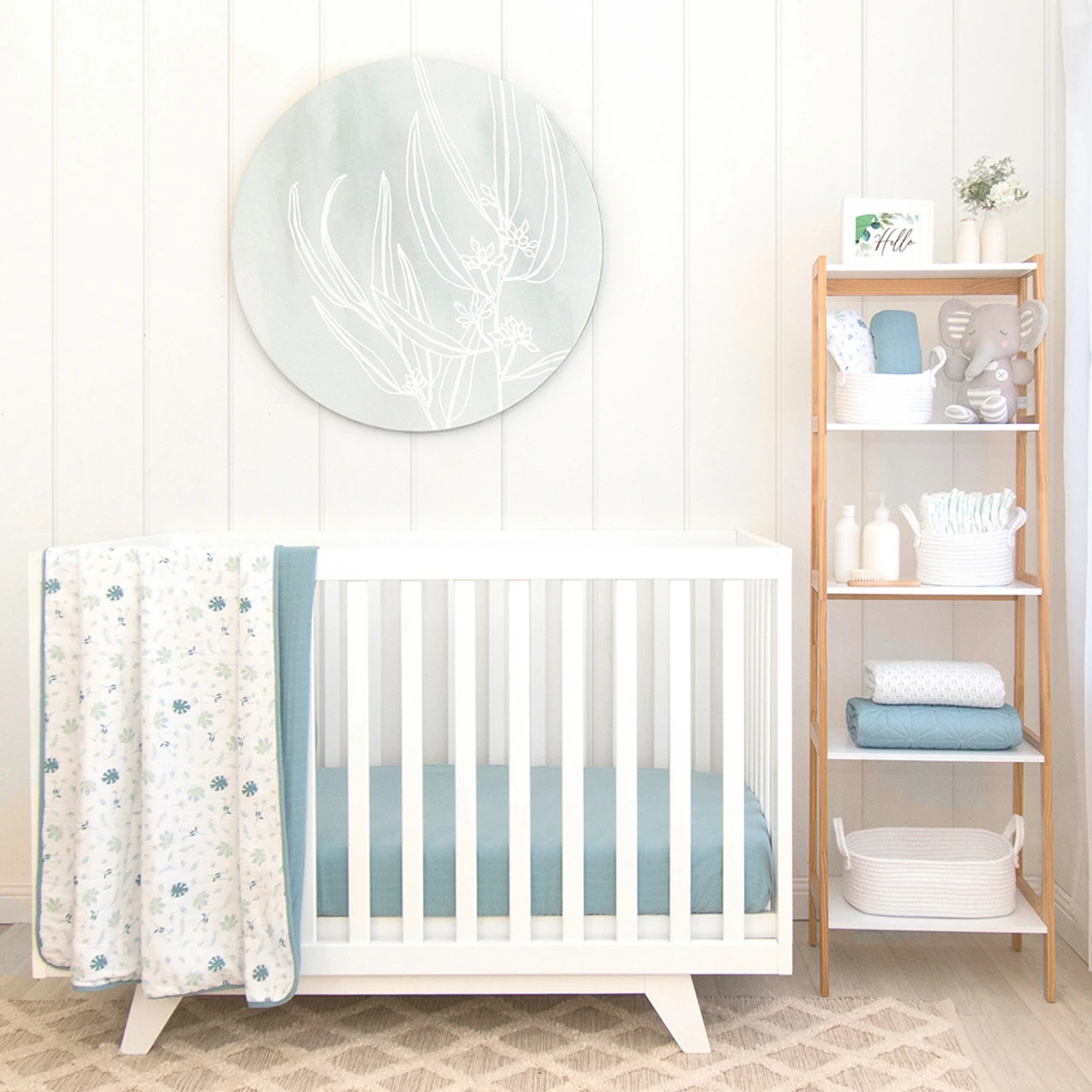 Organic Muslin Cot Blanket Banana Leaf/Teal 4 Organic Muslin Cot Blanket Banana Leaf/Teal - Image 2