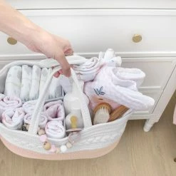 Living Textiles 100% Cotton Rope Nappy Caddy - Blush/White -Baby Jogger shop Living Textiles Cotton Rope Nappy Caddy Blush White 3 35986.1659673434